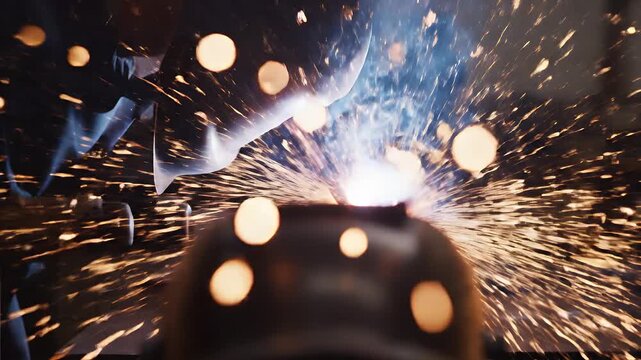 Close-up shot of welding sparks flying with a dark background