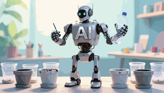 Robot with AI logo holding a water bottle and a tool surrounded by plant pots artificial intelligence.