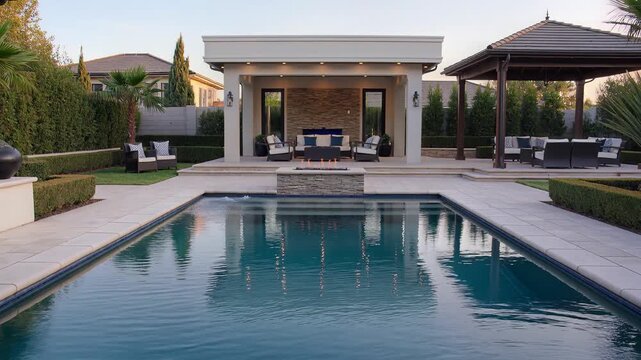 A serene backyard oasis features a rectangular swimming pool surrounded by a patio and a modern house with a covered outdoor living area.