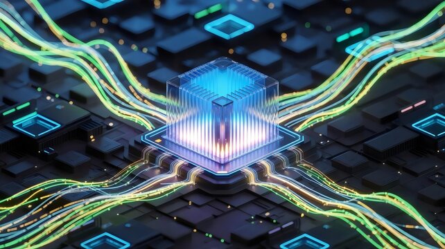 AI core processor with glowing circuits - Ideal for high performance computing, artificial intelligence, or supercomputer themes.