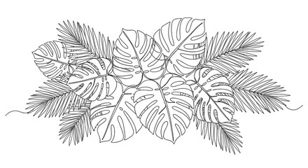 Fototapeta premium Elegant Continuous Line Drawing of Tropical Monstera and Palm Leaves Showcasing Nature's Beauty in a Minimalist Style