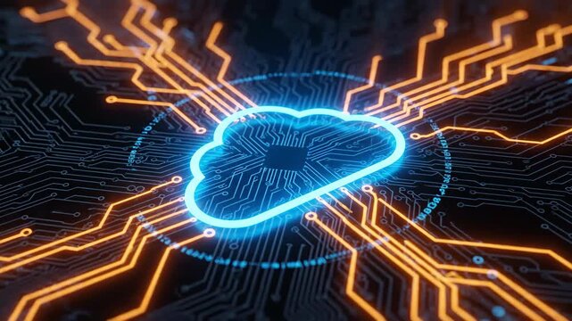 Glowing blue cloud symbol centered on a dark circuit board background with illuminated orange circuitry, representing digital technology and data networks.