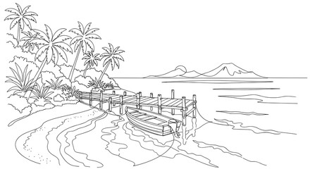 Fototapeta premium Serene Tropical Harbor Scene Showcasing a Quaint Boat Tied to a Charming Pier, Surrounded by Lush Palm Trees and Gentle Waves Under a Bright Sky, Inviting Relaxation and Peace