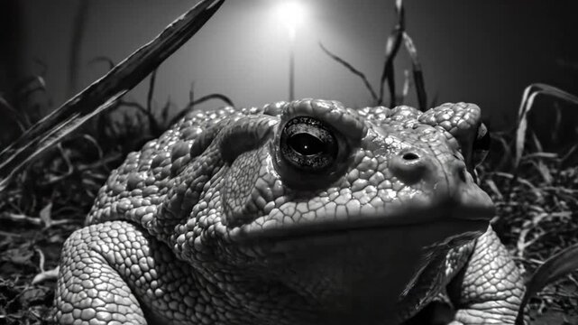 Black and white close up of a toad on the ground with blades of grass in a dark, atmospheric setting
