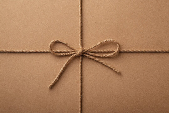 Gift wrapped in brown paper tied with string placed on a flat surface ready for giving