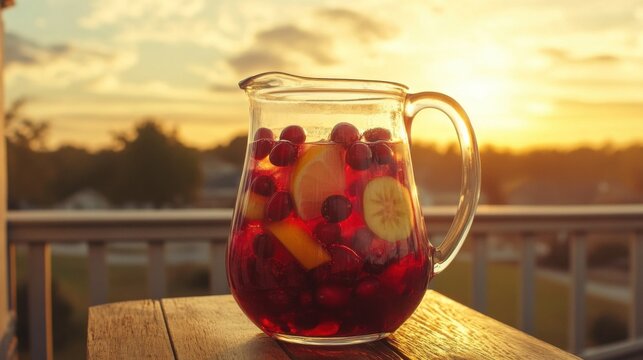 Glass Pitcher Filled With Cranberry Sangria And Fruit Slices