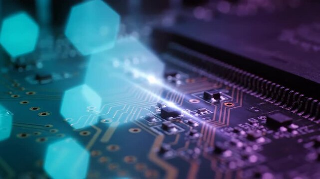 Detailed macro shot of a computer circuit board illuminated by abstract blue and purple bokeh lights, showcasing intricate electronic pathways and components.