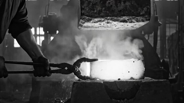 Blacksmith shaping glowing metal with a power hammer in a dramatic workshop setting showing craftsmanship