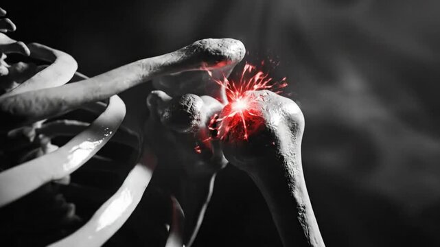 Anatomical skeleton showing the shoulder joint with animated red sparks indicating pain and injury with a ghost silhouette