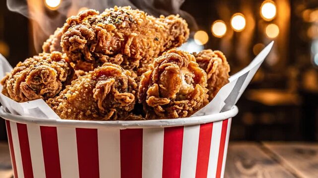 Golden brown crispy fried chicken overflowing from a classic red and white striped takeaway bucket, close-up shot of crunchy breaded poultry pieces with a textured skin.