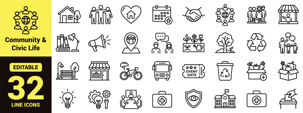 Community and civic life icon set featuring social services, environment, family, communication, transportation, events, public safety, education, and local engagement in modern line‑art vector style