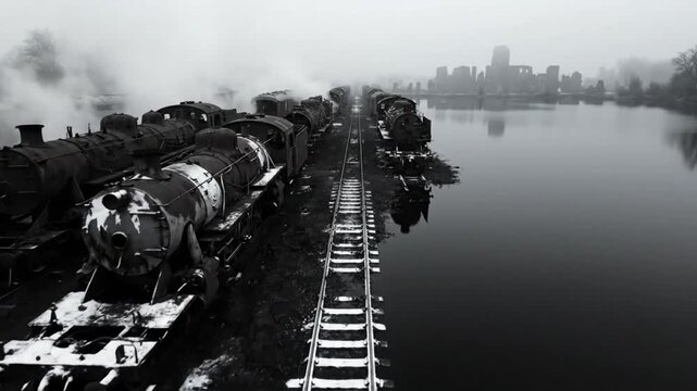 Eerie scene of abandoned steam locomotives lined up in a desolate winter landscape with reflective water
