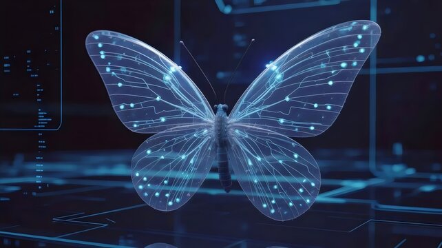 Crystalline cyber butterfly with energy pulses - Suitable for software innovation, digital metamorphosis, or tech startups.