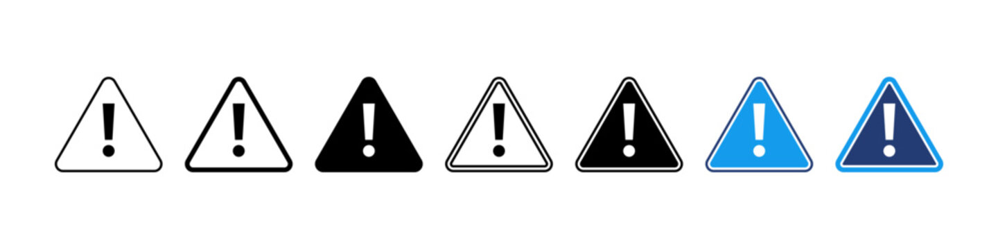 Warning triangle icons with exclamation mark in outline and solid styles. Safety alert symbols used for danger notice, risk indication, attention messages.	