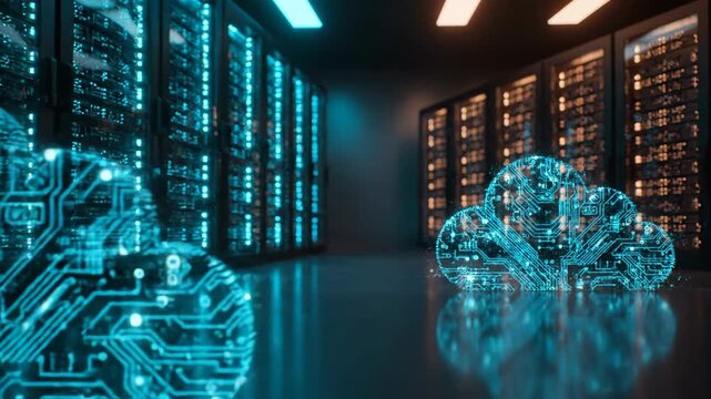 An abstract digital representation of cloud storage appears as glowing blue circuit boards shaped like clouds within a dimly lit server room. Rows of servers glow with orange and blue lights.