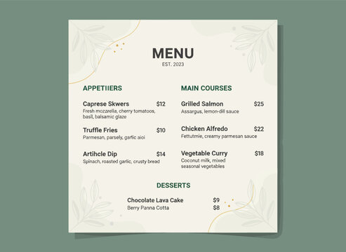 A restaurant menu card displays various food options on a table indoors.