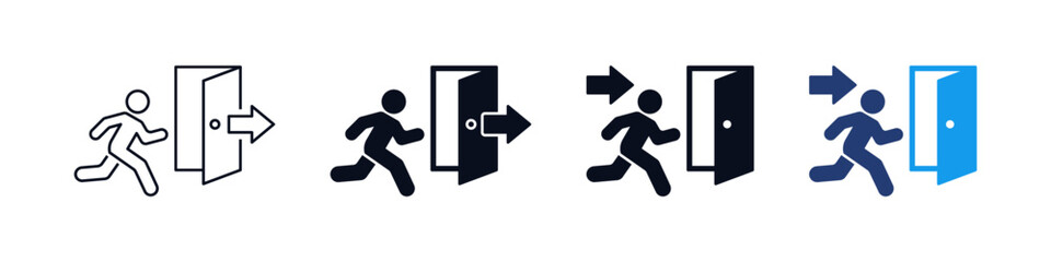 Naklejka premium Emergency exit icon set with running man to door and arrow symbol icons representing evacuation, safety and fire escape directions