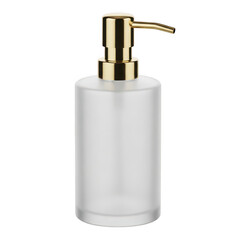Obraz premium Elegant gold pump soap dispenser with frosted glass body isolated on transparent background