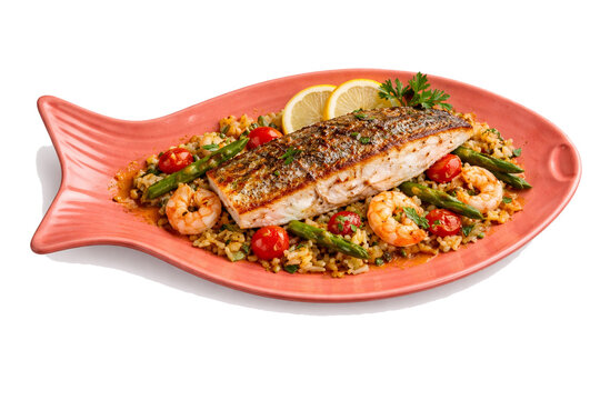 Corvina Served on a Coral Fish-Shaped Plate with Seafood Rice, Shrimp, Asparagus, and Lemon Garnish