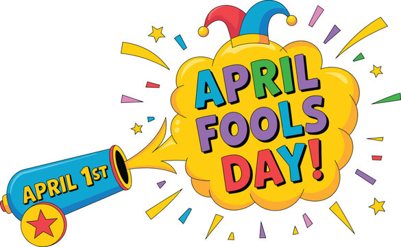 April Fools Day cannon with colorful explosion and confetti