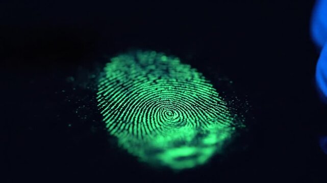 A glowing green fingerprint is illuminated under ultraviolet light on a dark surface.