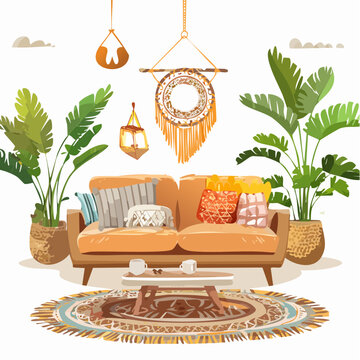Boho Wohnzimmer mit vielen Pflanzen und warmen Naturfarben