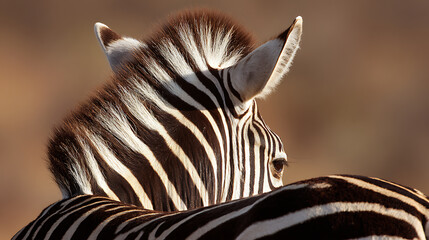 Fototapeta premium Close-up portrait of a zebra from behind, showcasing its distinctive black and white stripes and expressive eye, in natural light