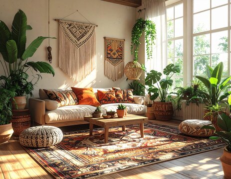 Boho Wohnzimmer mit vielen Pflanzen und warmen Naturfarben