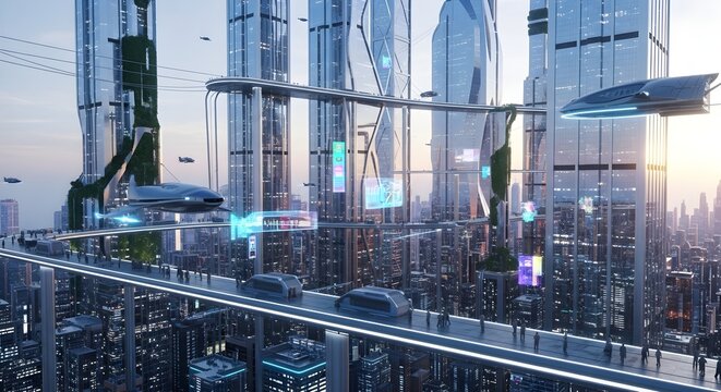Skyrail interchange above the clouds &ndash; streamlined maglev pods and hover cars zip along transparent tracks looping between crystalline towers, bathed in bright morning light over an endless futuristic