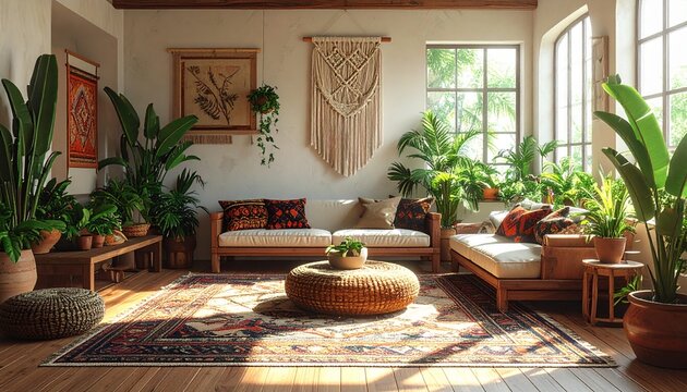 Boho Wohnzimmer mit vielen Pflanzen und warmen Naturfarben