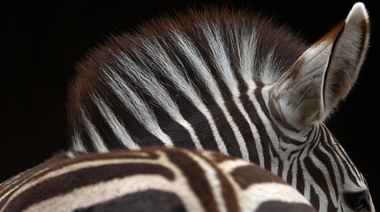 Fototapeta premium Striking Close-up of Zebra's Head and Neck with Distinctive Black and White Stripes, Showcasing Unique Pattern and Texture against Dark Background