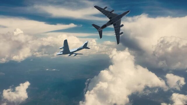 Two airplanes flying in formation through a serene blue sky with fluffy white clouds in a peaceful video.