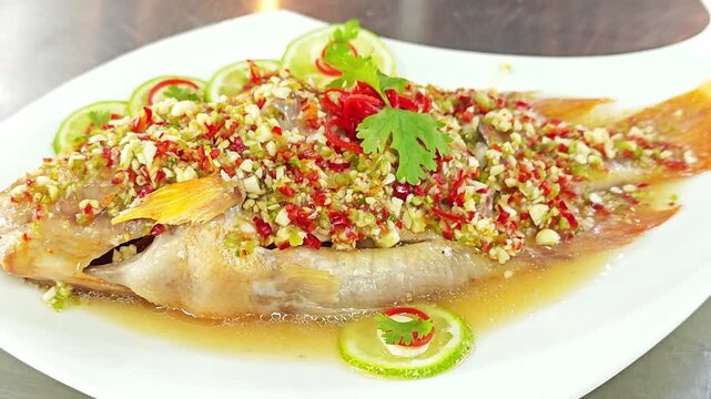 Steamed whole red tilapia fish with fresh herbs on a stainless steel tray.