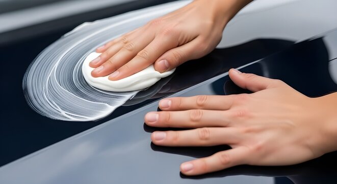 Closeup of hands applying car wax or polish on a dark vehicle surface