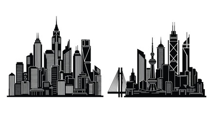Naklejka premium Stylized black and white cityscape featuring modern buildings and skylines