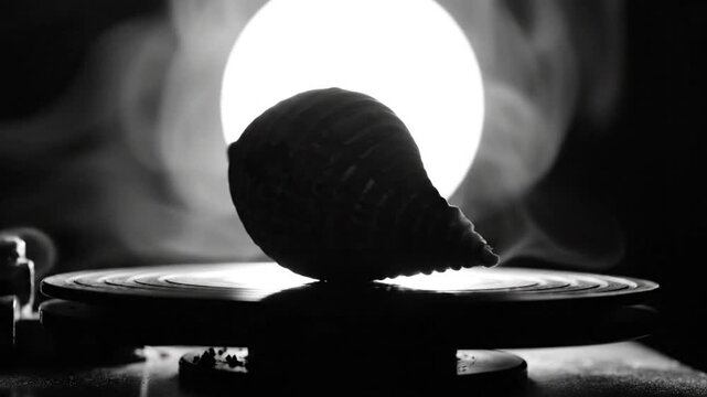Abstract grayscale shot of a seashell spinning on a record player with a bright light in the background