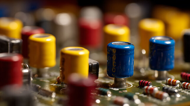 Close-up of electronic circuit board with colorful capacitors and resistors, shallow depth of field, technology, microchips, hardware detail