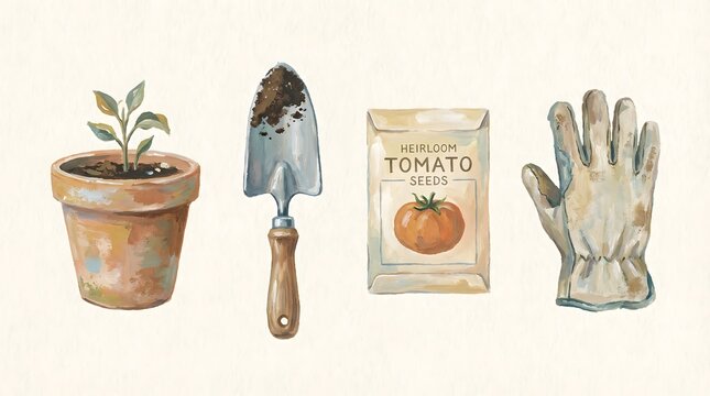 Watercolor illustration of gardening essentials for home projects a seedling, trowel, seed packet, and gloves for a productive planting season