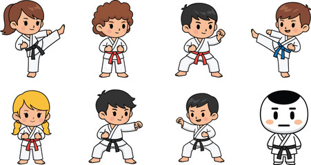 Obraz premium Cartoon Illustration of Diverse Kids Practicing Karate with Different Belt Colors in Action Poses for Kids' Sports, Education, and Martial Arts Designs