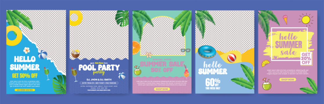 Summer Sale A4 Print Ready Flyer Poster Templates Set Summer Party Leaflet Brochure Cover Design Layout Bundle Tropical Elements Background Travel Vacation Editable Marketing Advertising Pack