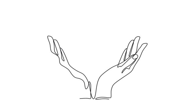 Animated self drawing of continuous line draw hand holding heart. Charity donation linear symbol. Full length one line animation. 4K
