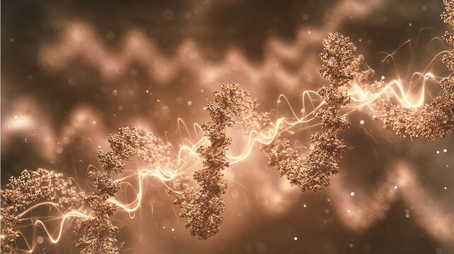 Surreal molecular structure with coffee-hued energy waves activating cells, depicting anti-aging research.