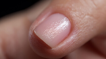 Fototapeta premium Close up macro view of a healthy finger nail with natural soft pink polish, highlighting manicure, beauty, and personal care concepts on black background
