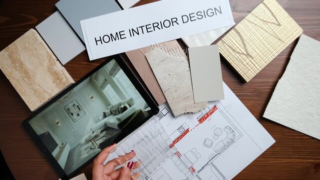 Home Interior design process with plans, furniture samples and living room 3D design in laptop