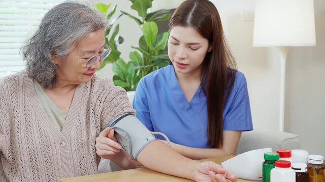 Asian woman nurse measuring blood pressure senior patient, medical checking for hypertension monitoring, caregiver support elderly woman with arterial blood pressure device, routine health checkup.