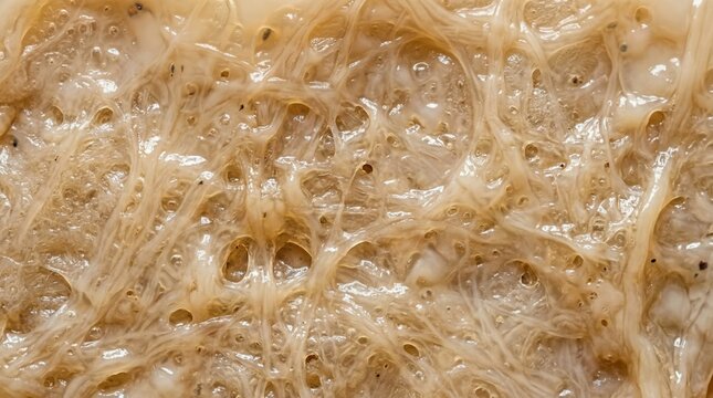 Closeup kombucha SCOBY cellulose web with wet bubbles. Fermented tea culture texture concept.