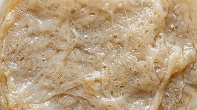 Macro texture of kombucha SCOBY edge with cellulose strands. Fermentation probiotic culture background concept.