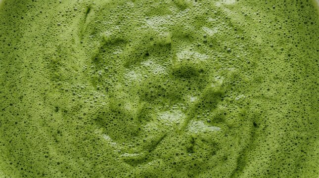 Macro texture of matcha foam with tiny bubbles. Green tea latte beverage background concept.