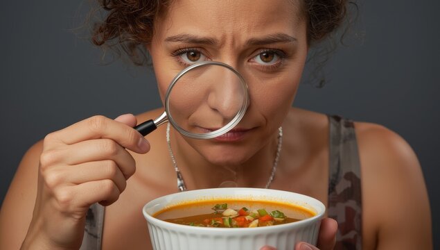 Fussy diner examining soup closely. Perfectionist woman scrutinizing her food for flaws