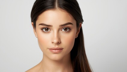 Fototapeta premium I attentively listen as you speak. A serious portrait of a beautiful brunette girl against a white backdrop, positioned directly in front of the camera